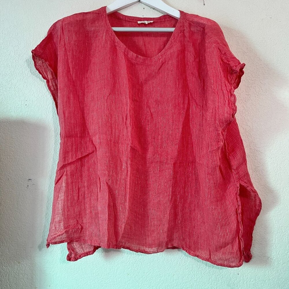 Eileen Fisher Petite Womens Crinkled Red Striped Linen Tunic Top PM Relaxed Fit